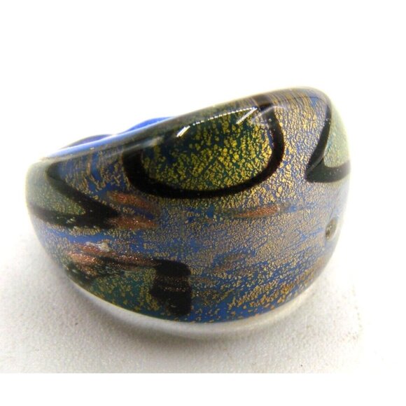 Pier One Blown Glass Cosmic Ring Domed Blue Gold Black Chromatic Lampwork Size 7 - Picture 7 of 12